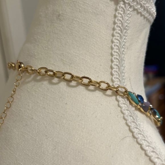 Gold Tone Faux Turquoise Multi Gemstone Rhinestone 14 Inch Choker Necklace - Picture 7 of 10